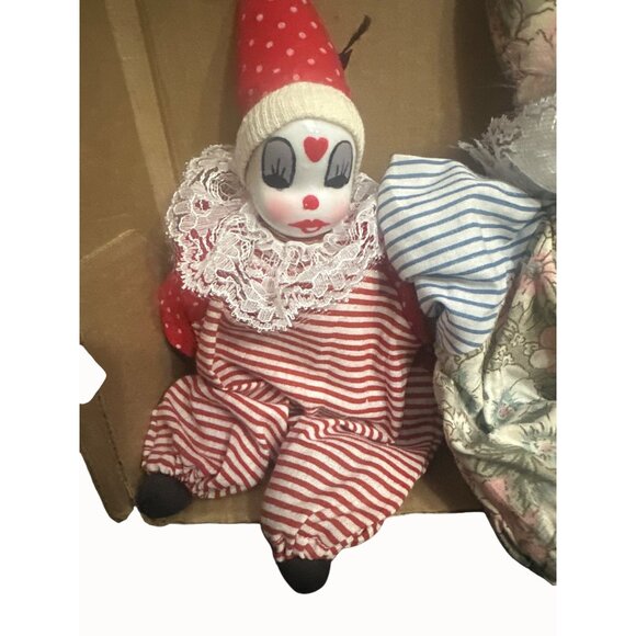 Vintage Clown & Rabbit Doll Set Handmade Fabric Porcelain Faces sand filled vtg - Picture 2 of 8
